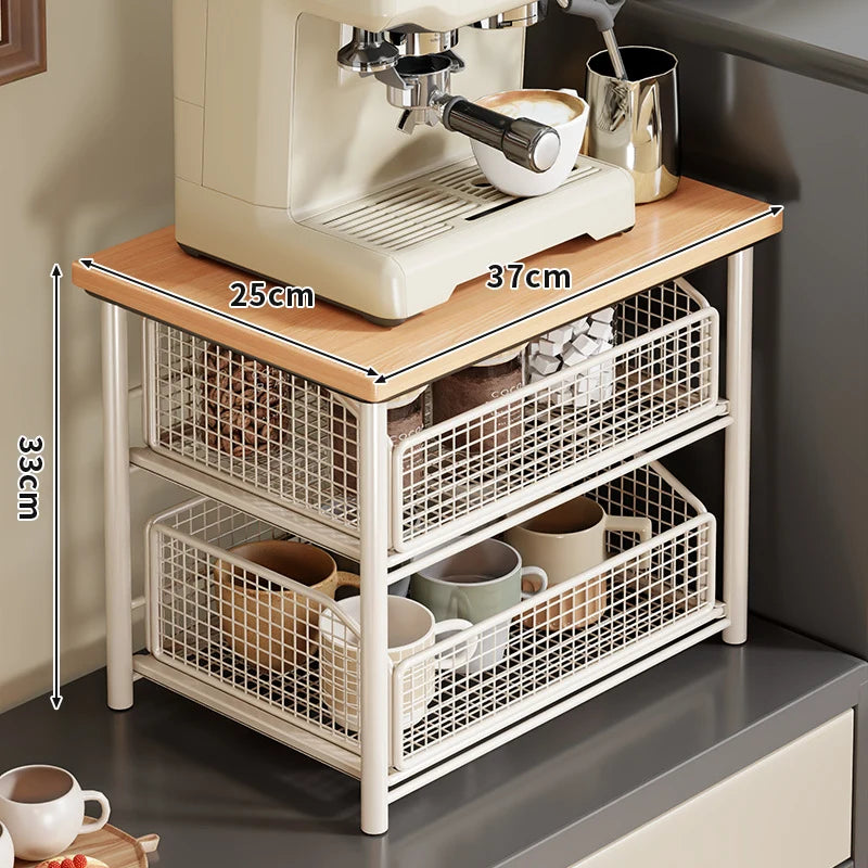 Countertop Organizer Wooden Top Slide-Out Wire Baskets