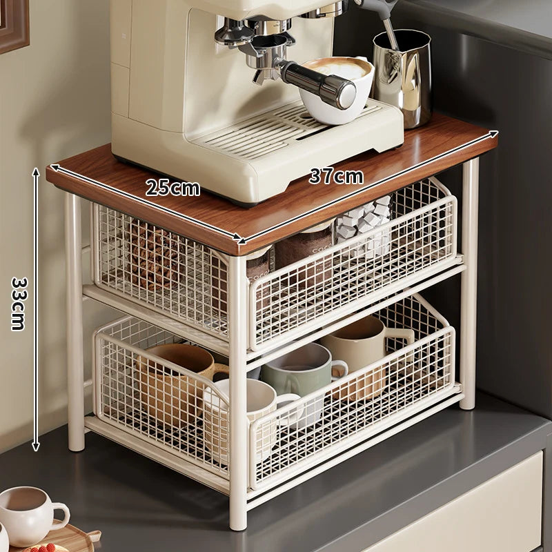 Countertop Organizer Wooden Top Slide-Out Wire Baskets
