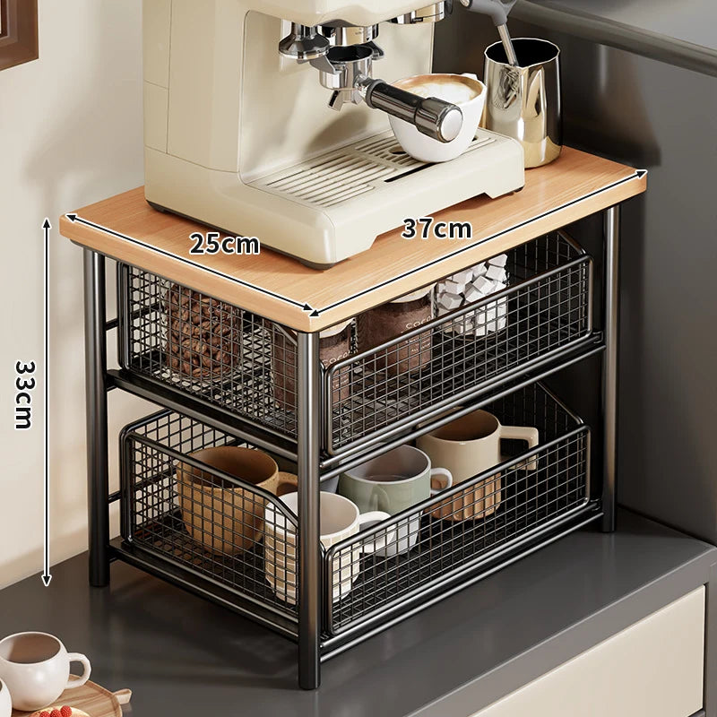 Countertop Organizer Wooden Top Slide-Out Wire Baskets