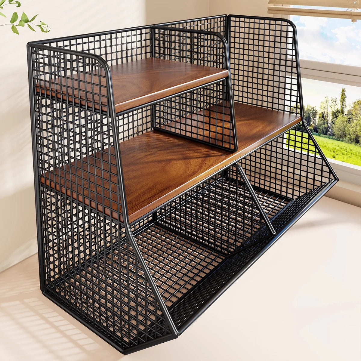 Countertop Pantry Organizer Multi-Tier Steel & Wood Storage Basket