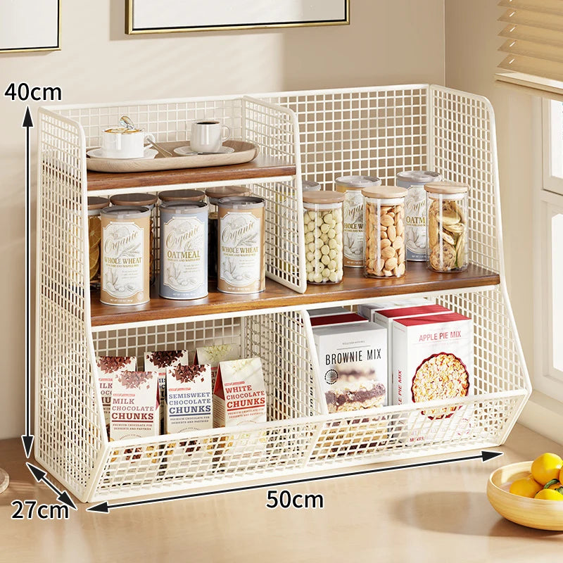 Countertop Pantry Organizer Multi-Tier Steel & Wood Storage Basket
