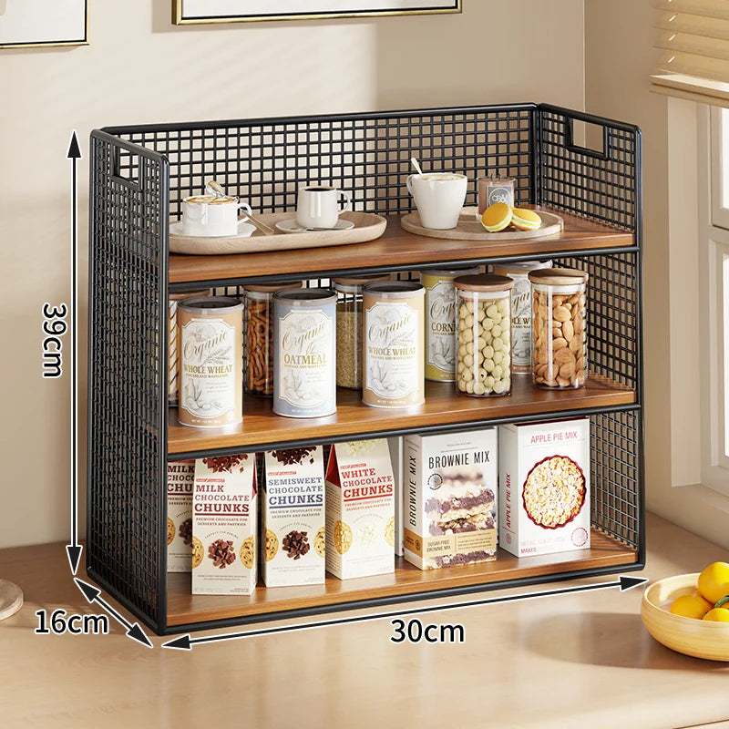 Countertop Pantry Organizer Multi-Tier Steel & Wood Storage Basket