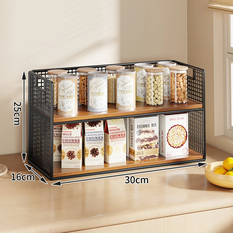 Countertop Pantry Organizer Multi-Tier Steel & Wood Storage Basket