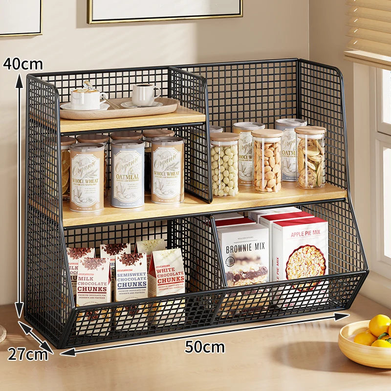 Countertop Pantry Organizer Multi-Tier Steel & Wood Storage Basket