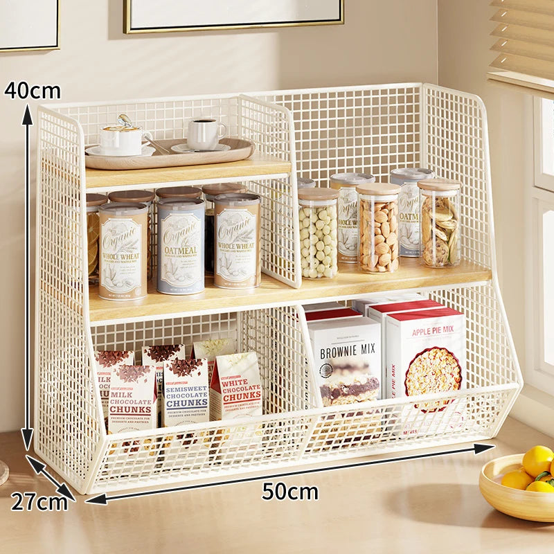 Countertop Pantry Organizer Multi-Tier Steel & Wood Storage Basket