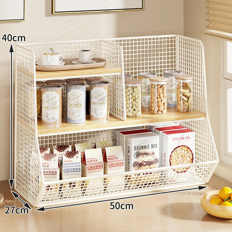 Countertop Pantry Organizer Multi-Tier Steel & Wood Storage Basket