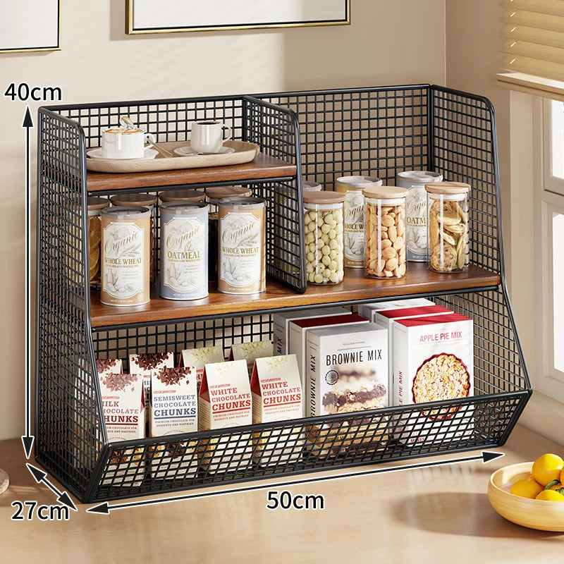 Countertop Pantry Organizer Multi-Tier Steel & Wood Storage Basket