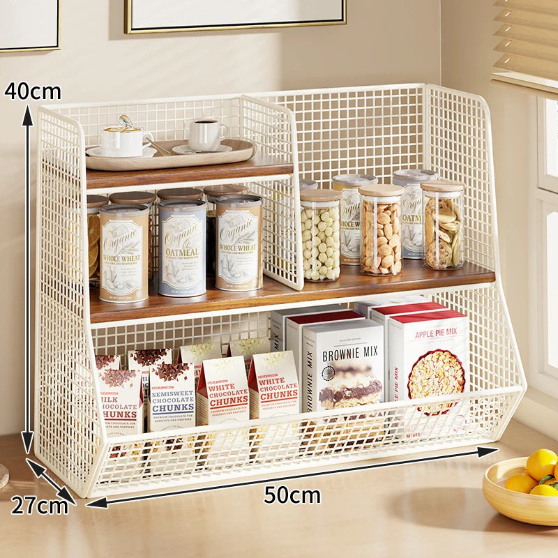 Countertop Pantry Organizer Multi-Tier Steel & Wood Storage Basket