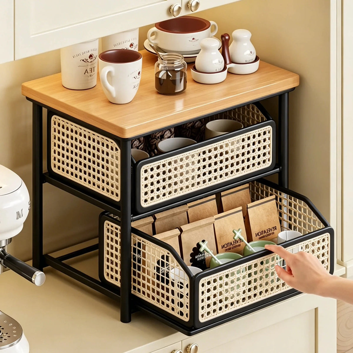 Countertop Storage Rack Wooden Shelf Sliding Wire Basket