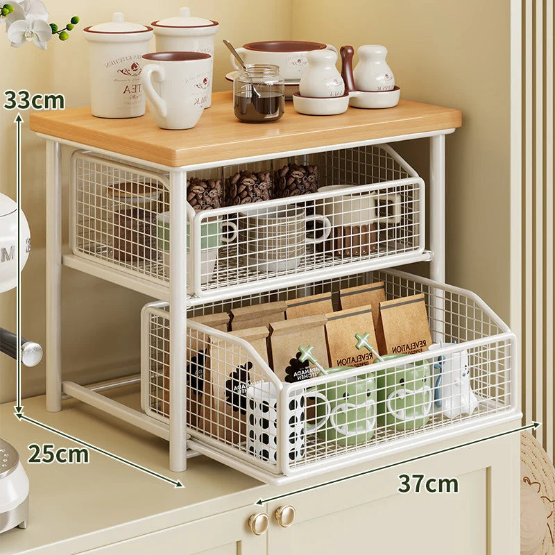 Countertop Storage Rack Wooden Shelf Sliding Wire Basket