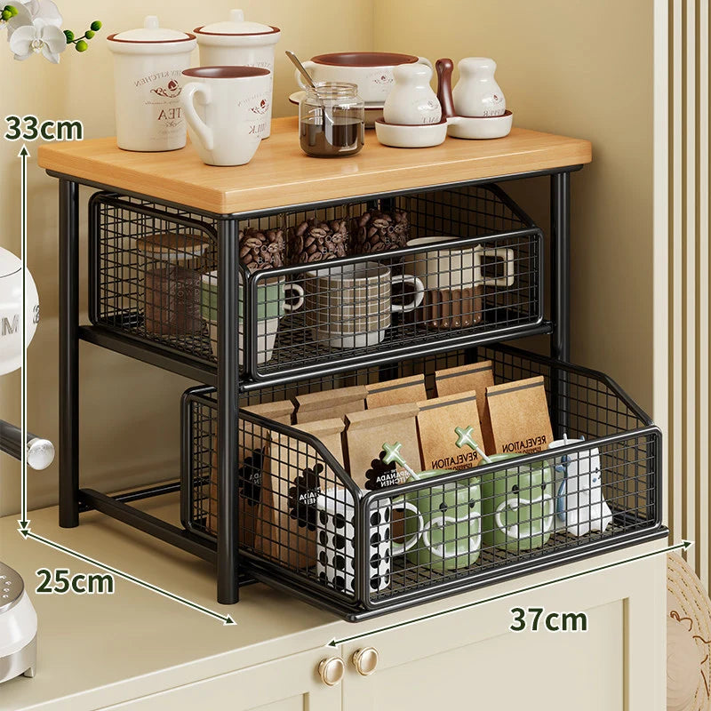 Countertop Storage Rack Wooden Shelf Sliding Wire Basket
