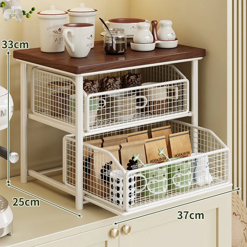 Countertop Storage Rack Wooden Shelf Sliding Wire Basket