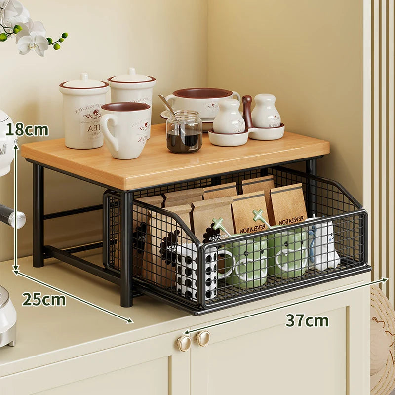 Countertop Storage Rack Wooden Shelf Sliding Wire Basket