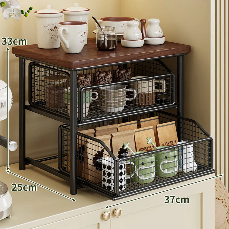 Countertop Storage Rack Wooden Shelf Sliding Wire Basket