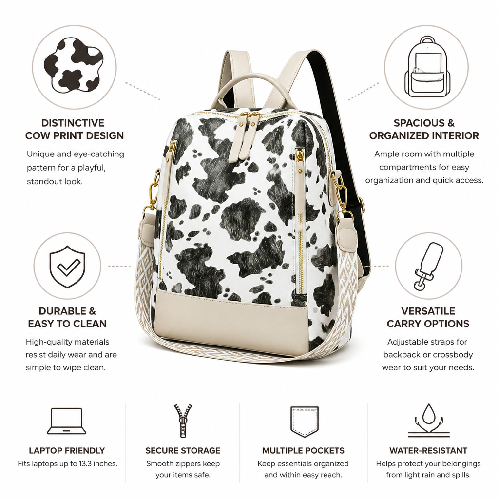 Cow Print Multi-Compartment Backpack