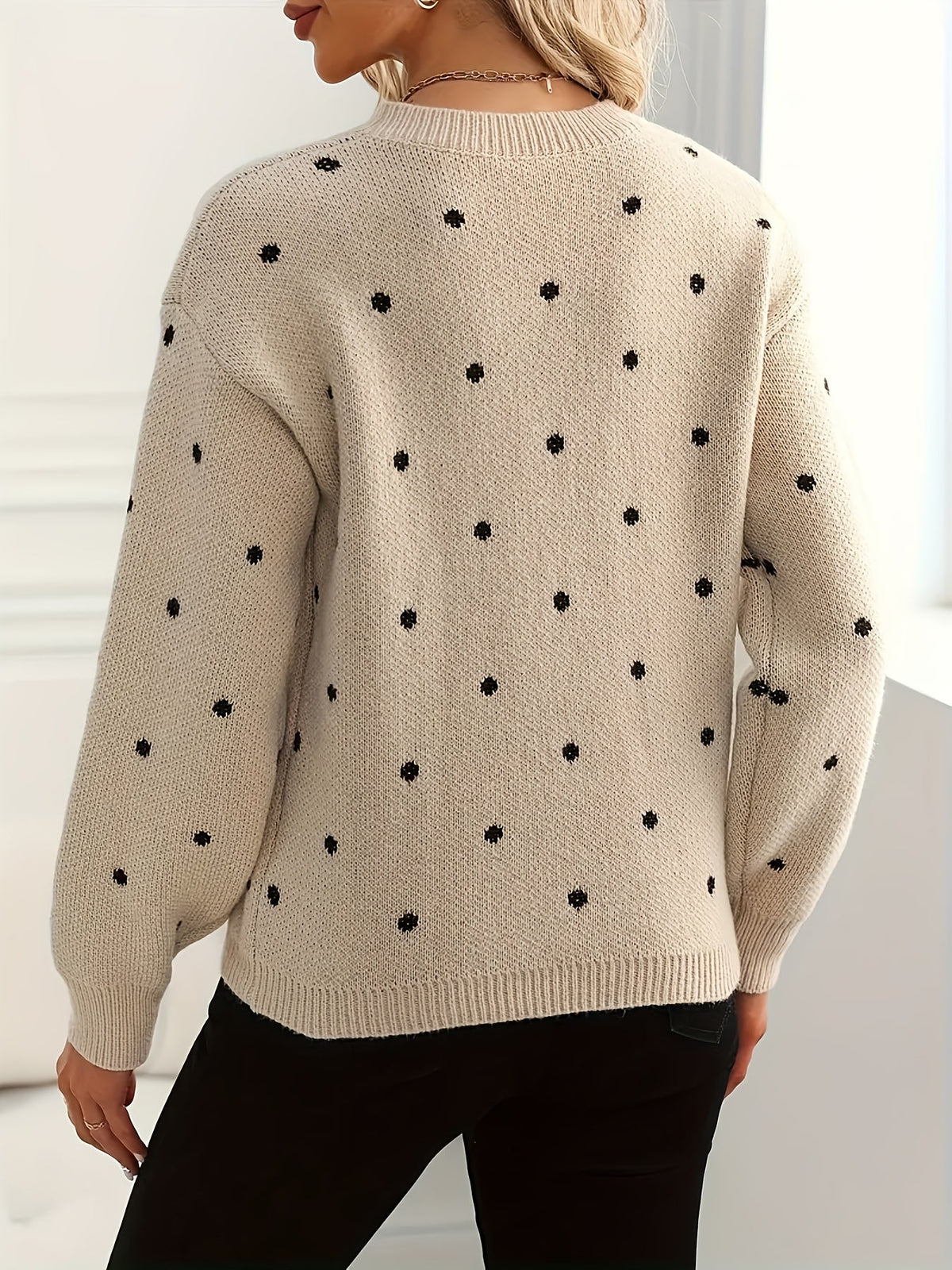 Crew Neck Sweater Polka Dot Light Stretch Knit