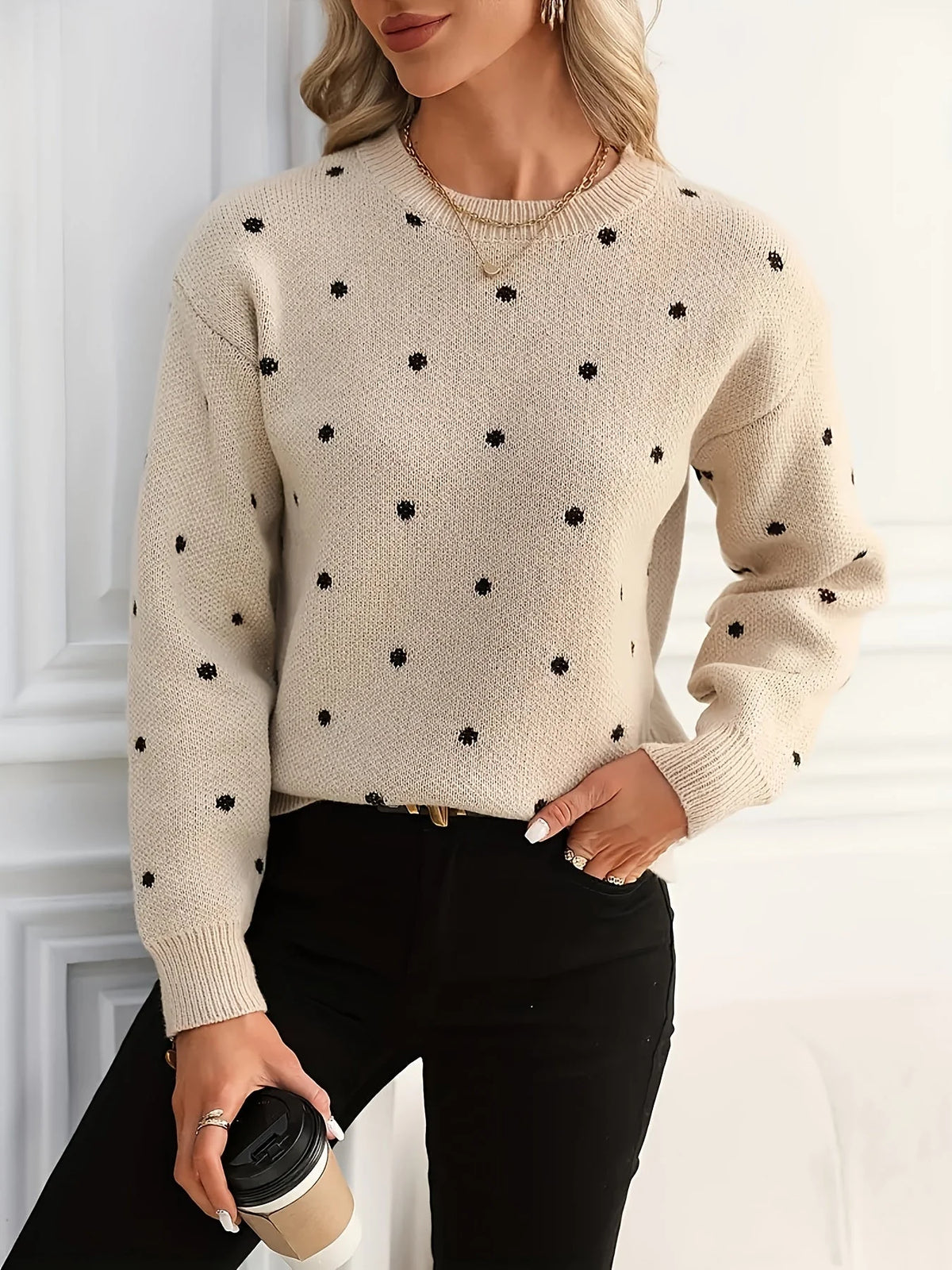 Crew Neck Sweater Polka Dot Light Stretch Knit