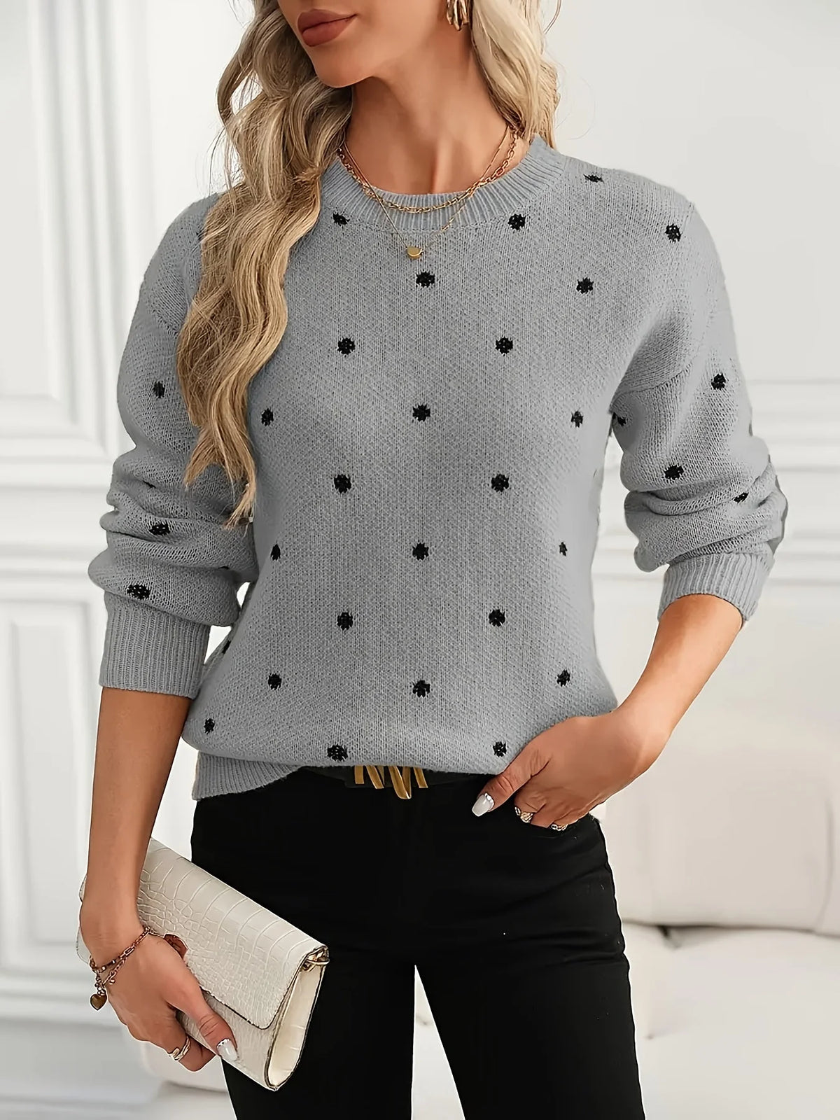 Crew Neck Sweater Polka Dot Light Stretch Knit