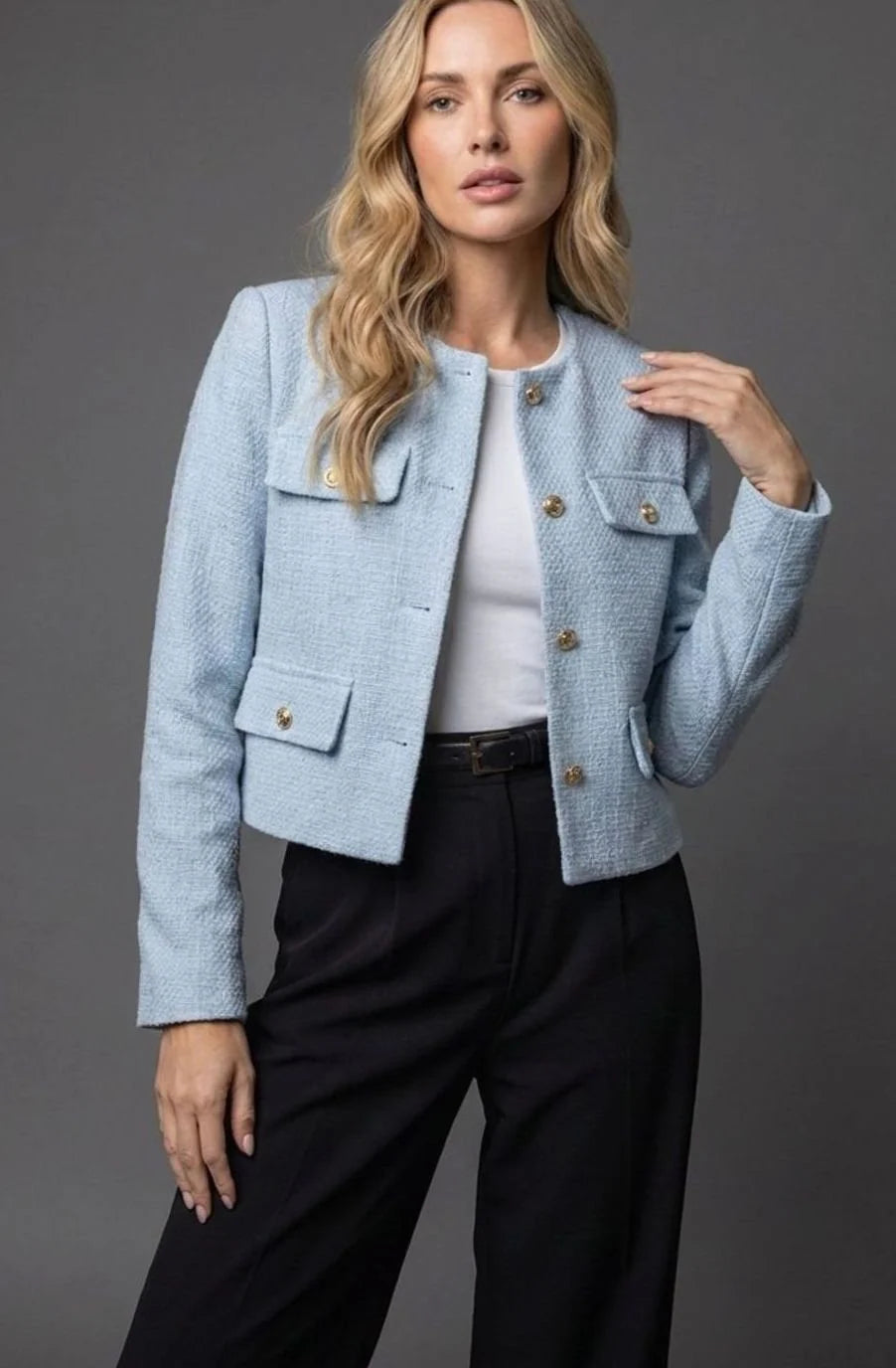 Cropped Blazer Tweed Collarless Gold Button Flap Pockets