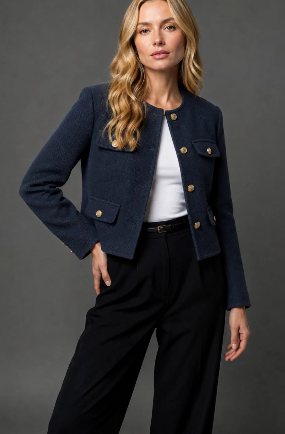 Cropped Blazer Tweed Collarless Gold Button Flap Pockets