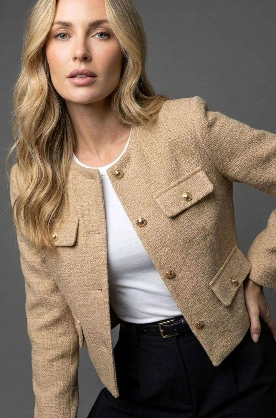 Cropped Blazer Tweed Collarless Gold Button Flap Pockets