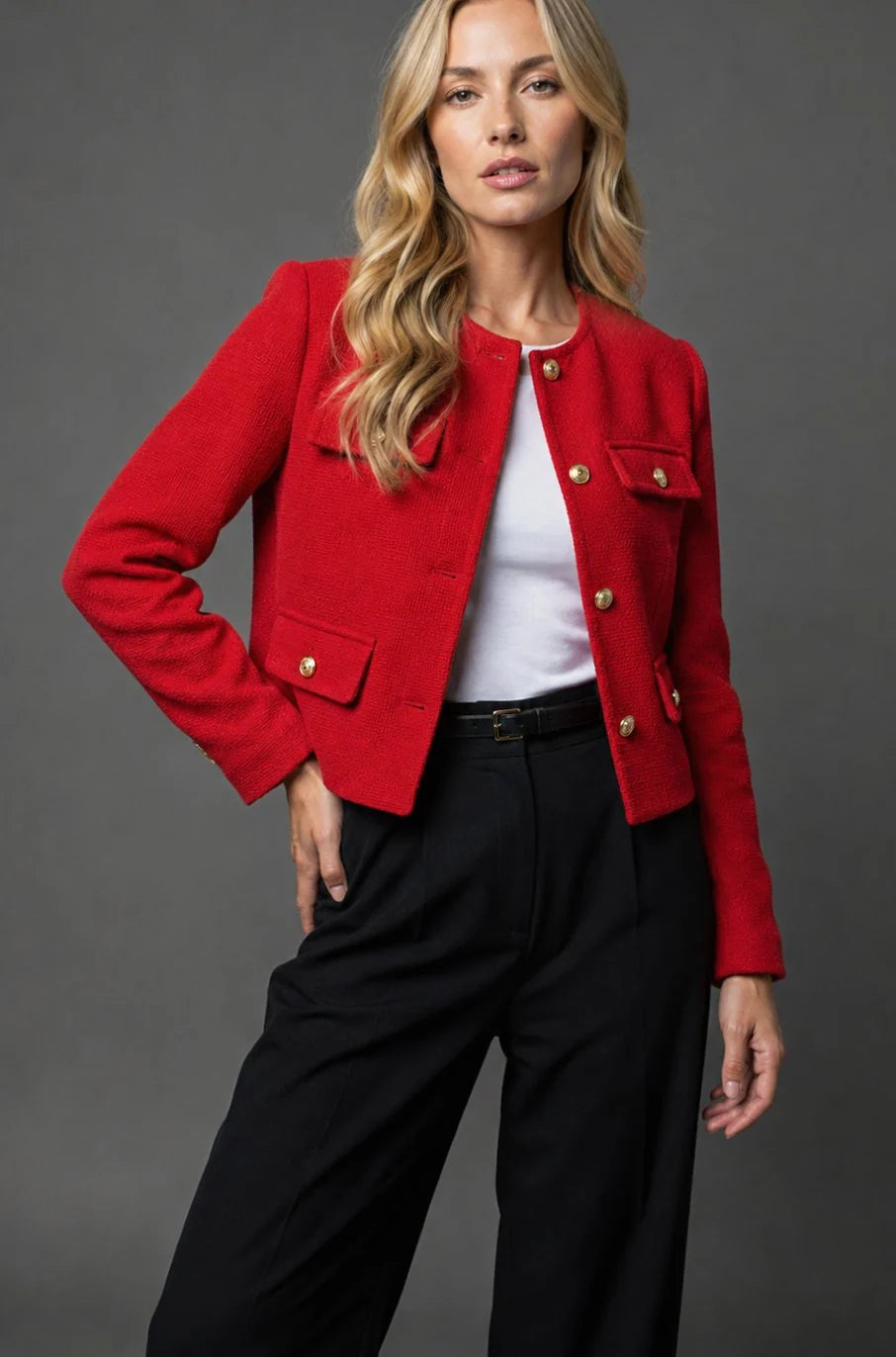 Cropped Blazer Tweed Collarless Gold Button Flap Pockets
