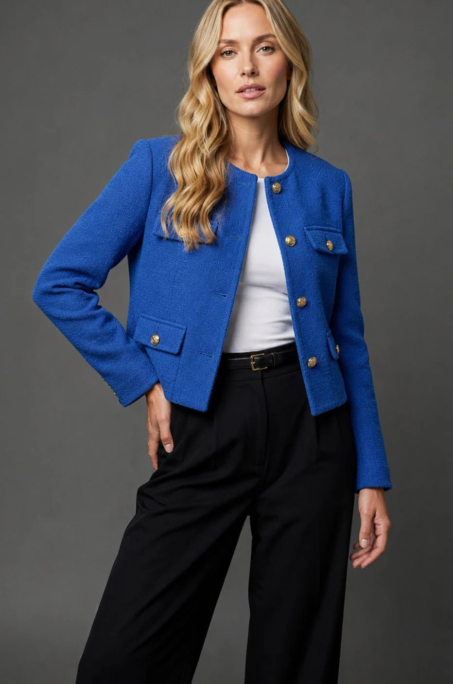 Cropped Blazer Tweed Collarless Gold Button Flap Pockets