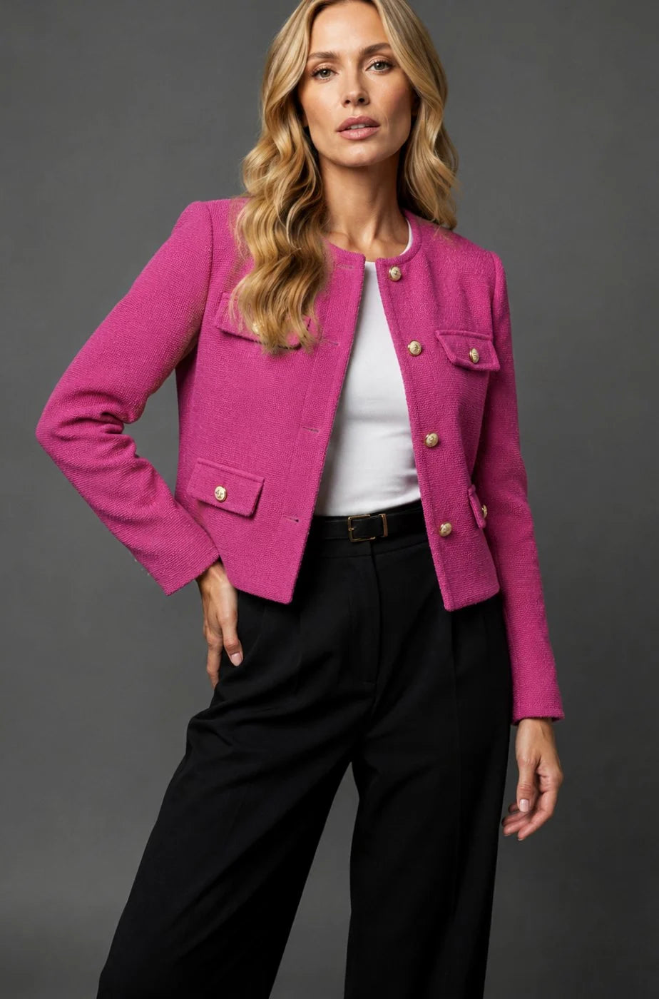 Cropped Blazer Tweed Collarless Gold Button Flap Pockets