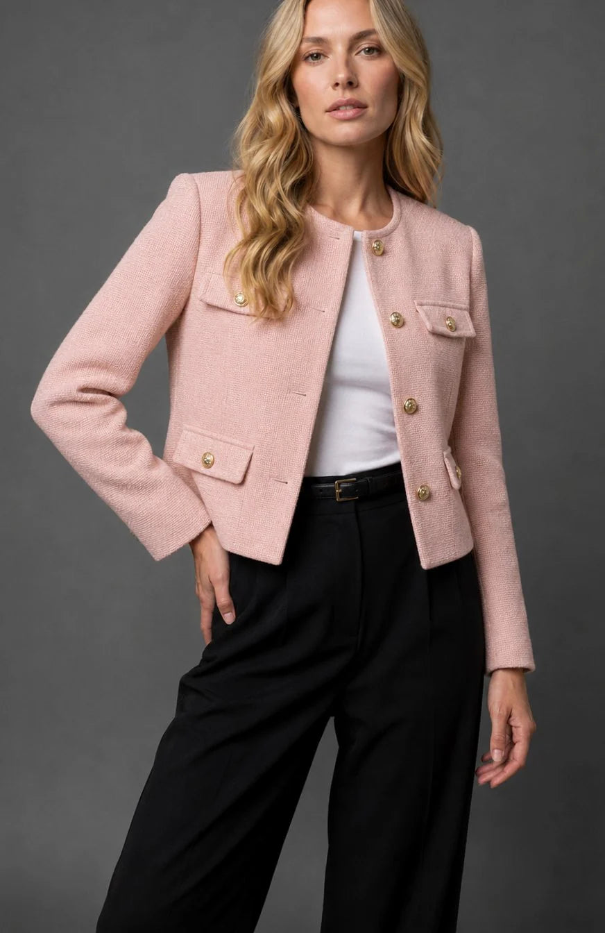 Cropped Blazer Tweed Collarless Gold Button Flap Pockets