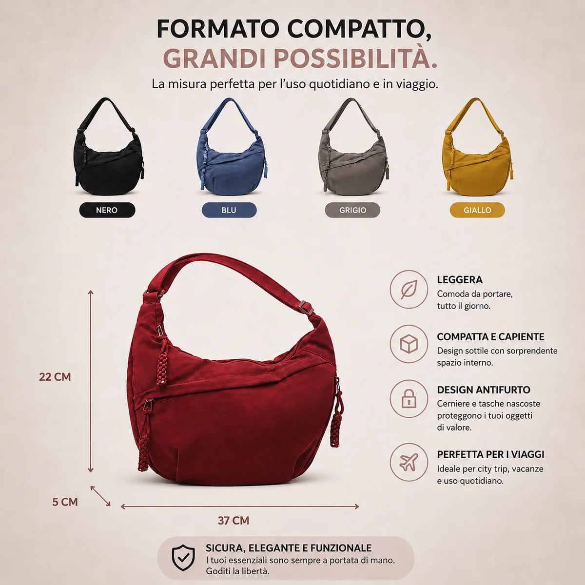 Crossbody Bag Nylon Adjustable Strap Three Zippered Compartments