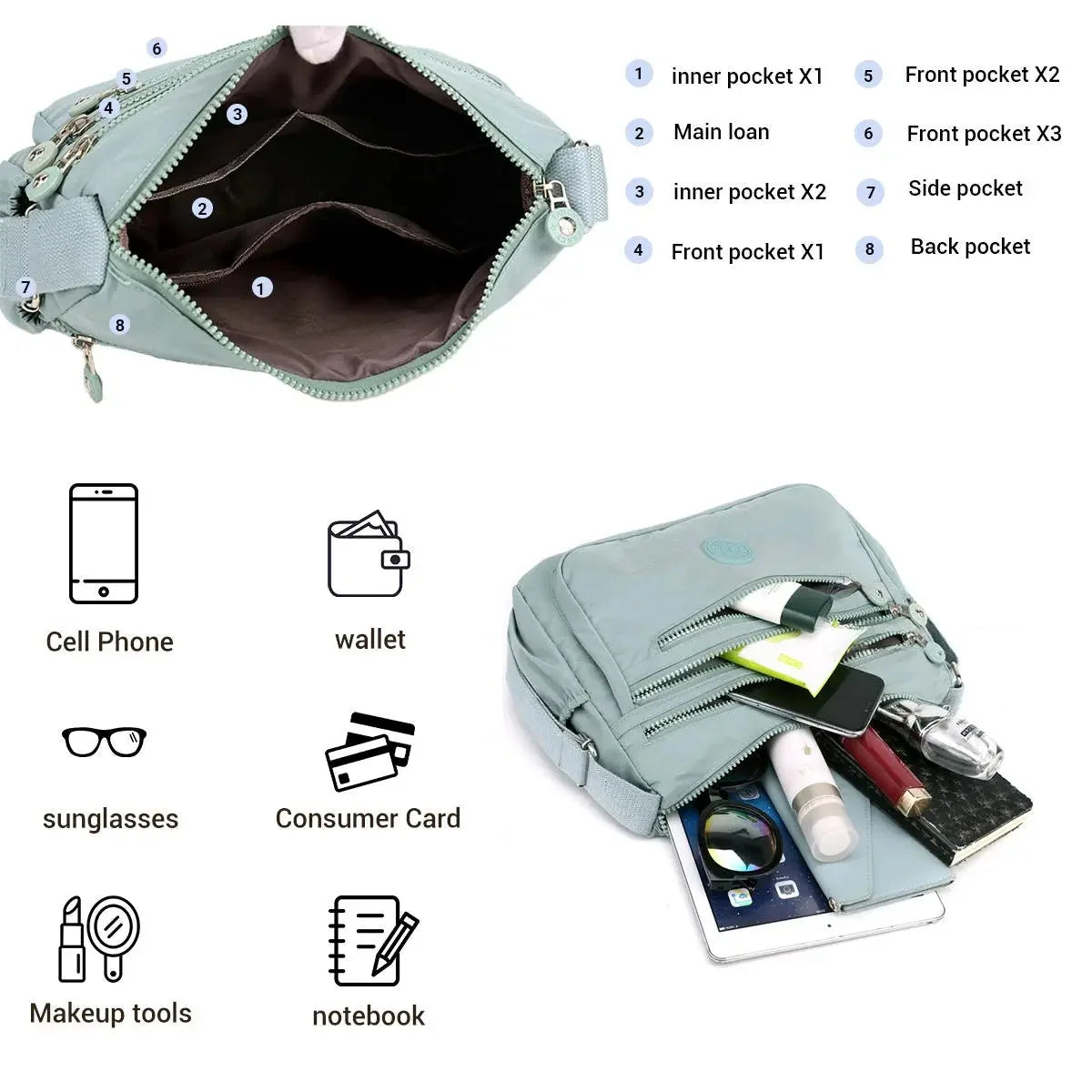 Crossbody Bag Nylon Water-Resistant Adjustable Strap