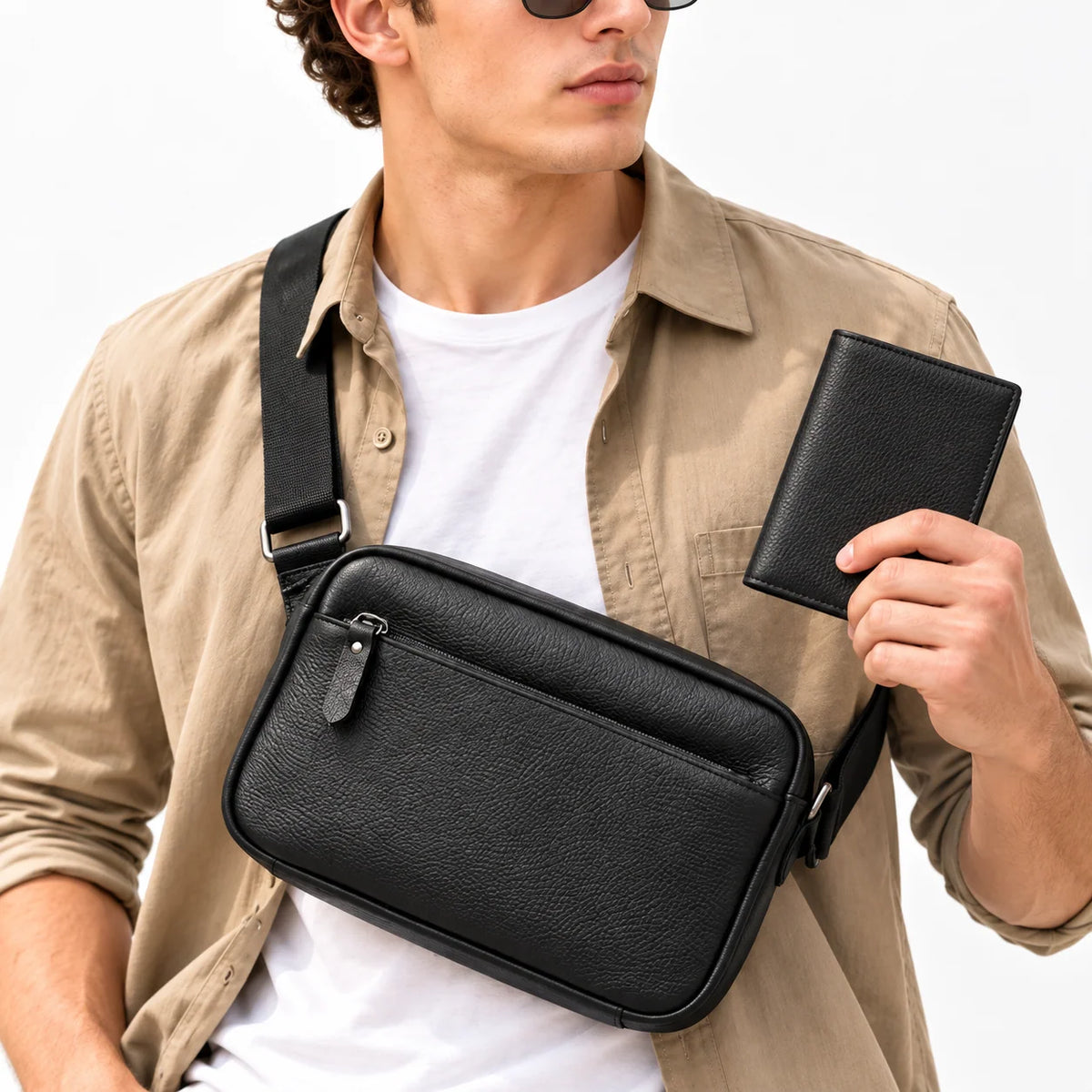 Crossbody Messenger Bag Genuine Pebbled Leather Adjustable Strap Zippered Pockets