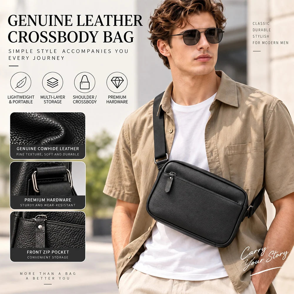 Crossbody Messenger Bag Genuine Pebbled Leather Adjustable Strap Zippered Pockets