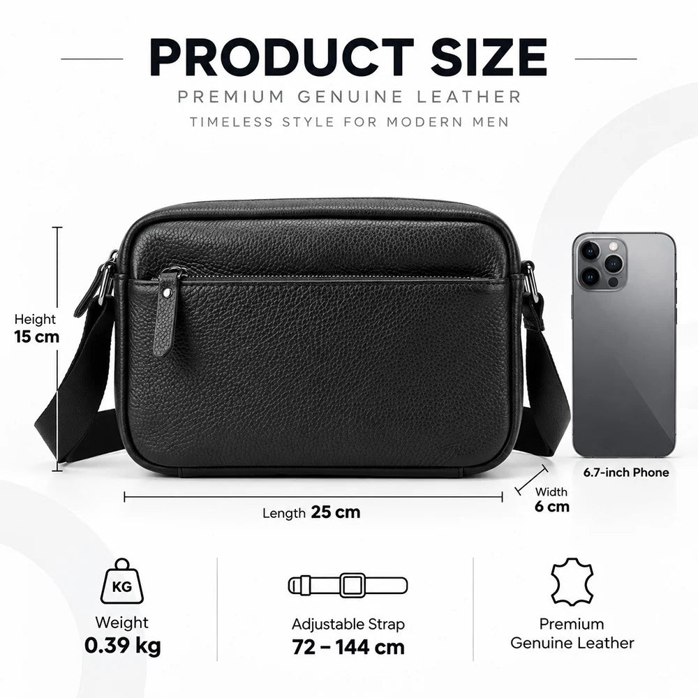 Crossbody Messenger Bag Genuine Pebbled Leather Adjustable Strap Zippered Pockets