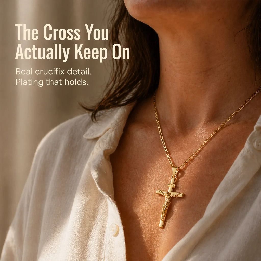Crucifix Necklace Set Gold Finish INRI Figaro Chain 2-Pack