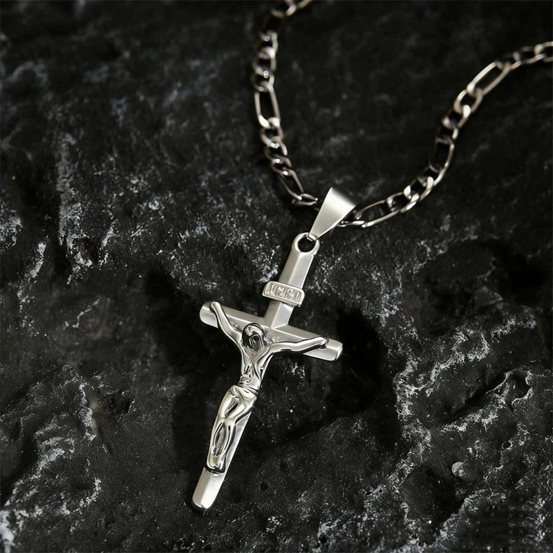 Crucifix Necklace Set Gold Finish INRI Figaro Chain 2-Pack