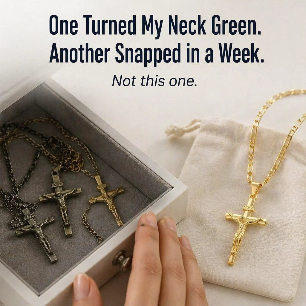 Crucifix Necklace Set Gold Finish INRI Figaro Chain 2-Pack