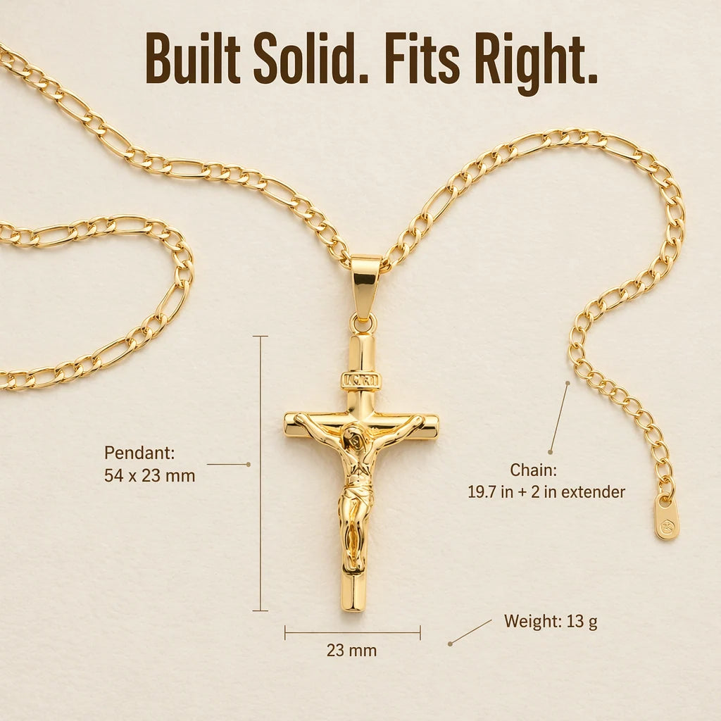 Crucifix Necklace Set Gold Finish INRI Figaro Chain 2-Pack