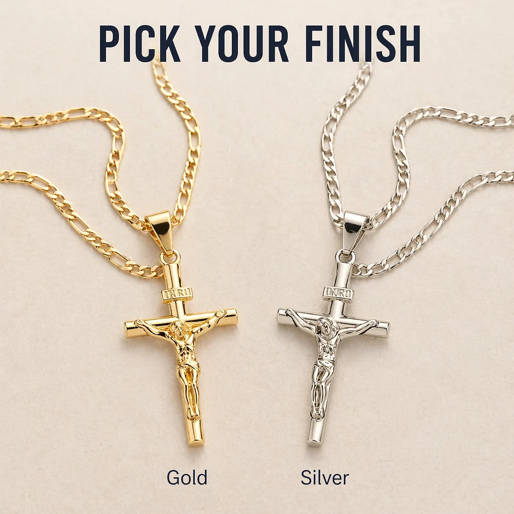 Crucifix Necklace Set Gold Finish INRI Figaro Chain 2-Pack
