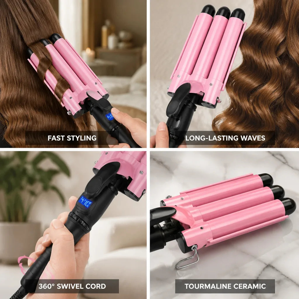 Curling Iron Triple Barrel Tourmaline Ceramic 360° Swivel Cord