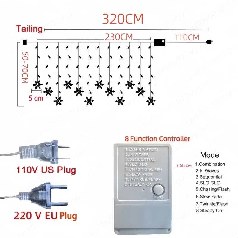 Curtain Lights Snowflake 8 Modes IP44 Splashproof