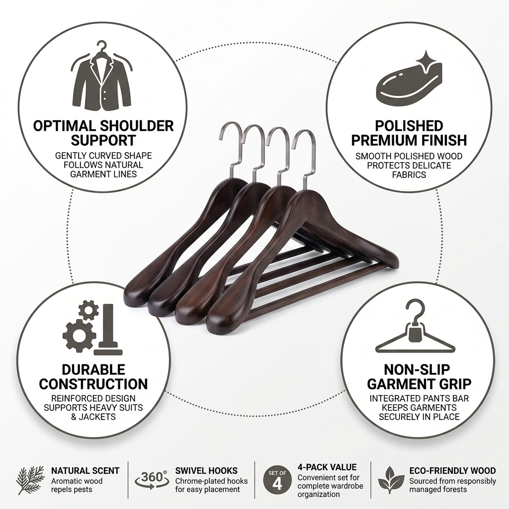 Curved Polished Wooden Suit Hangers (Set of 4)