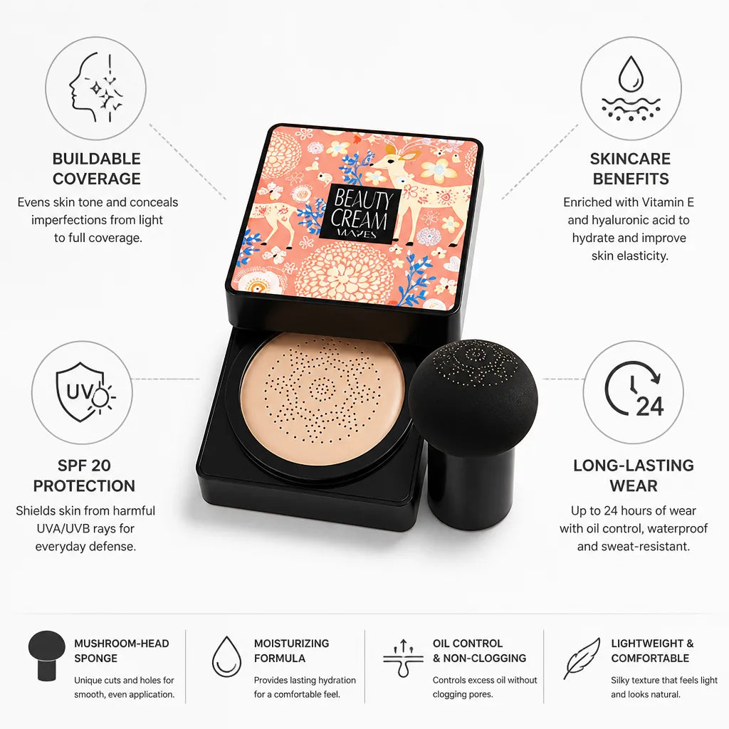 Cushion CC Cream Mushroom Sponge Buildable Coverage SPF 20