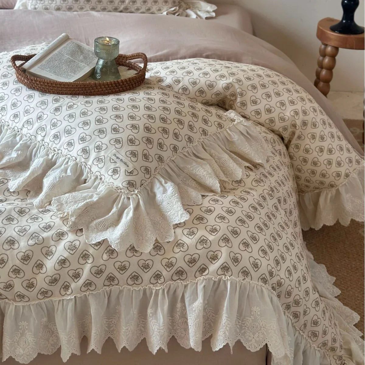 Cushion Cover Lace Ruffle & Heart Rose Print Cotton-Blend