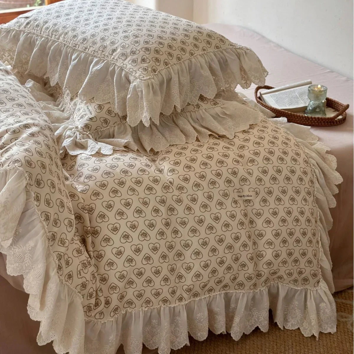 Cushion Cover Lace Ruffle & Heart Rose Print Cotton-Blend