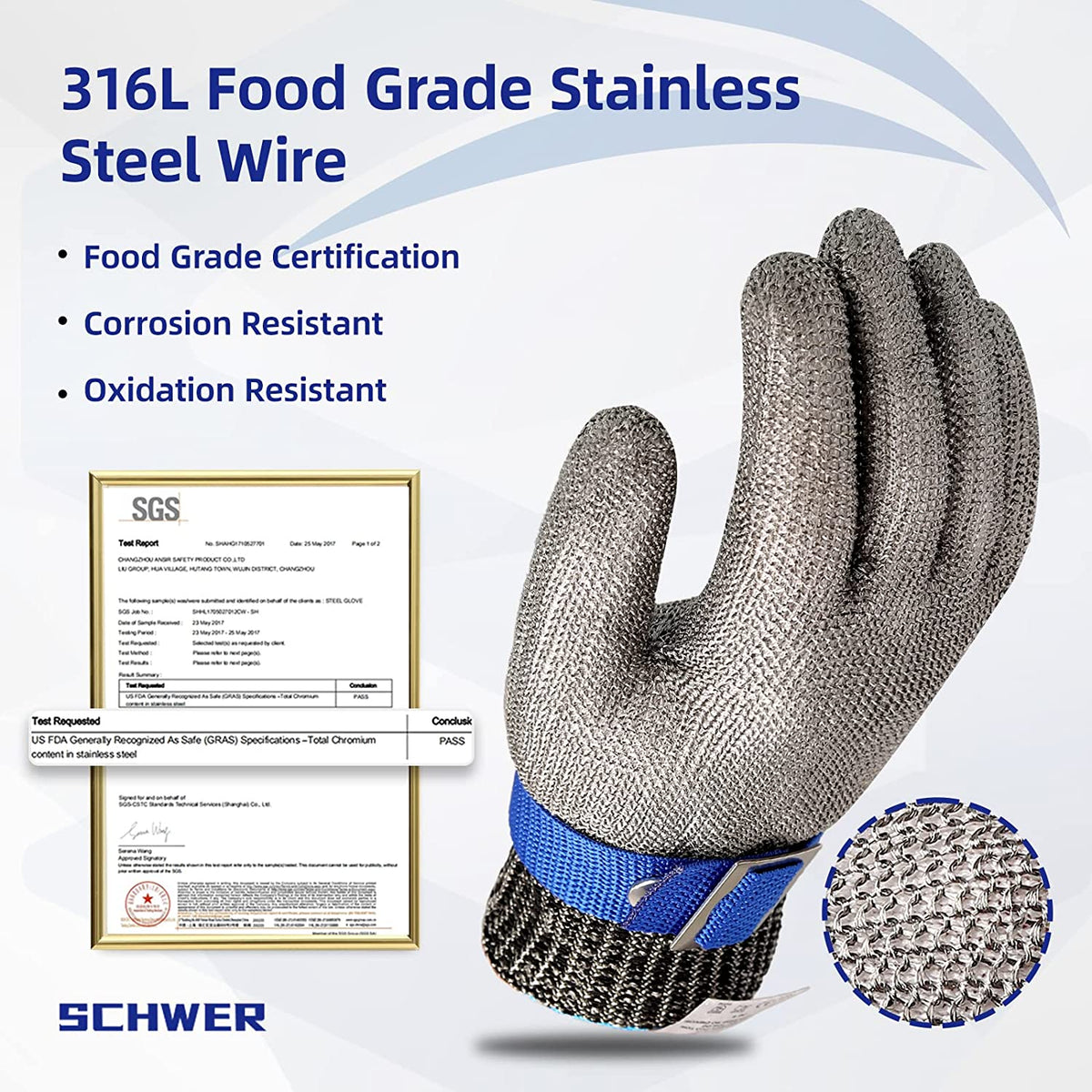 Cut-Resistant Glove 316L Stainless Steel Mesh ANSI A9 Protection