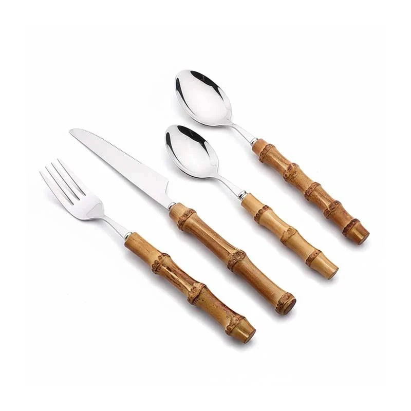 Cutlery Set Stainless Steel Bamboo-Style Handles Dishwasher-Safe 24-Piece