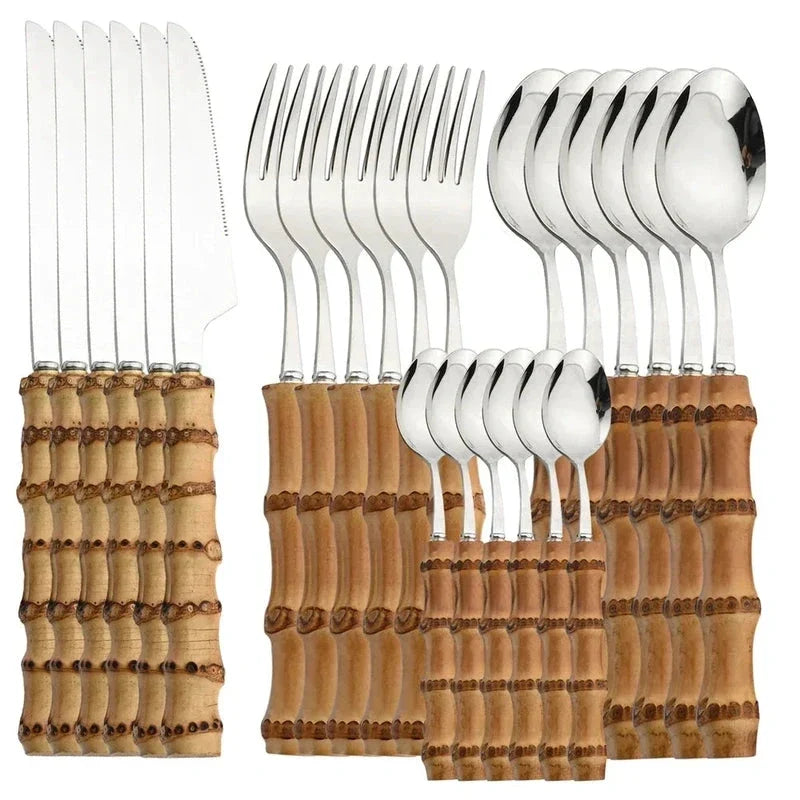 Cutlery Set Stainless Steel Bamboo-Style Handles Dishwasher-Safe 24-Piece