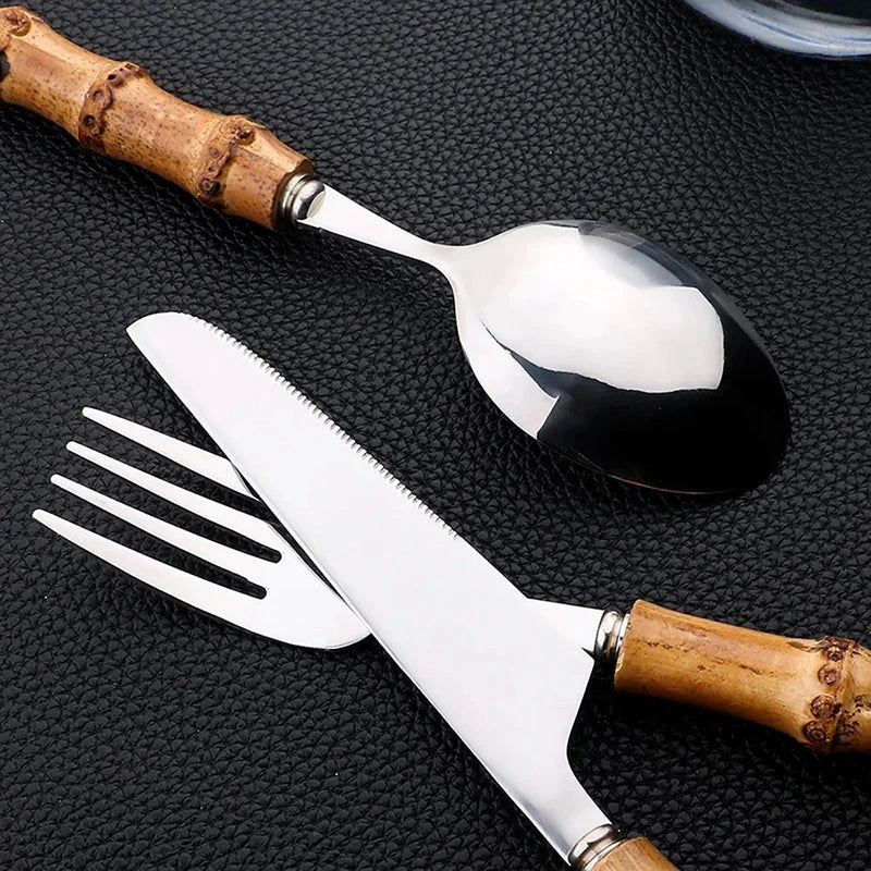 Cutlery Set Stainless Steel Bamboo-Style Handles Dishwasher-Safe 24-Piece