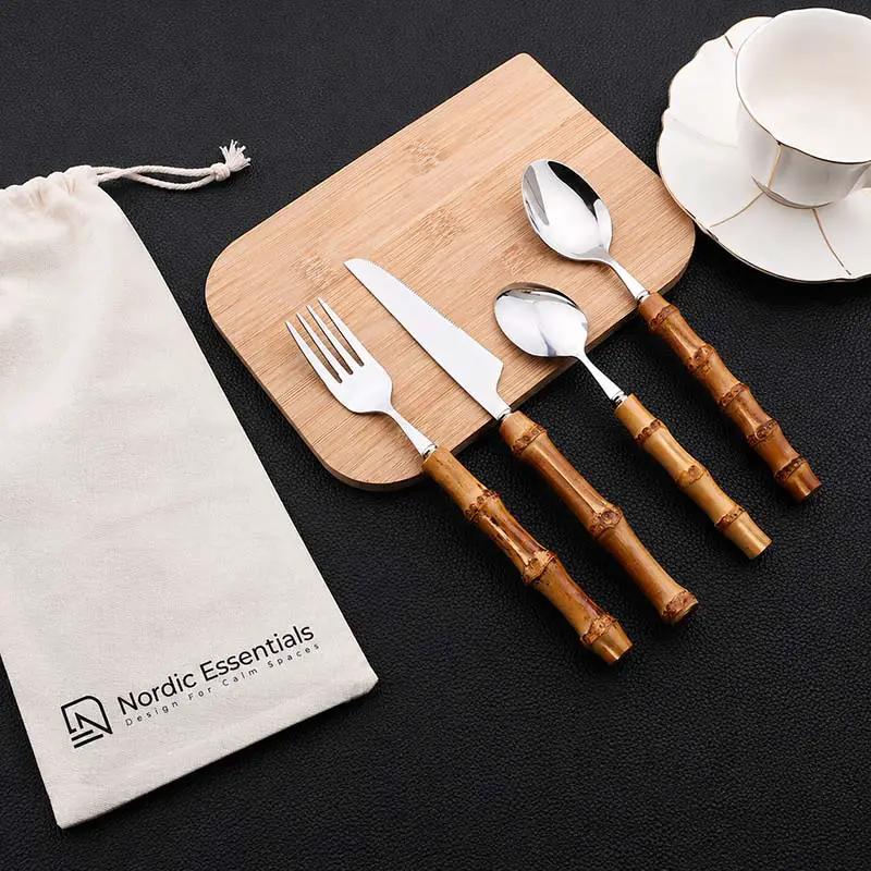 Cutlery Set Stainless Steel Bamboo-Style Handles Dishwasher-Safe 24-Piece